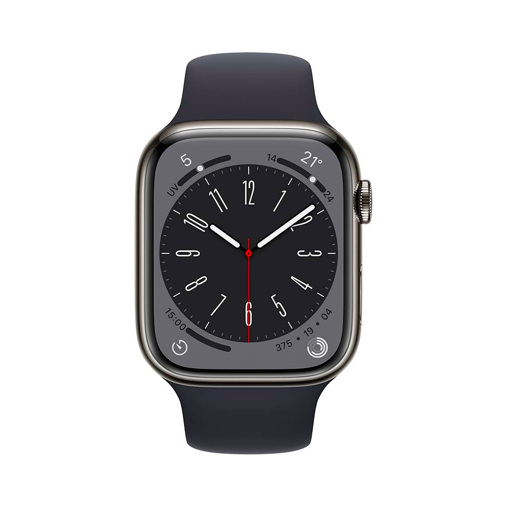 Apple Watch Series 8 (GPS+Cellular, 45 mm) - Acero inoxidable grafito con correa deportiva Midnight