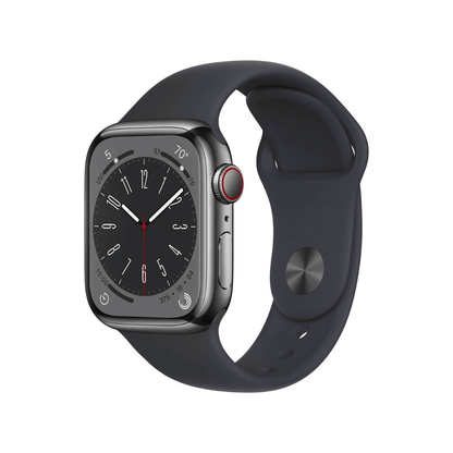 Apple Watch Series 8 (GPS+Cellular, 45mm) - Aço inoxidável Grafite com bracelete desportiva Meia-Noite