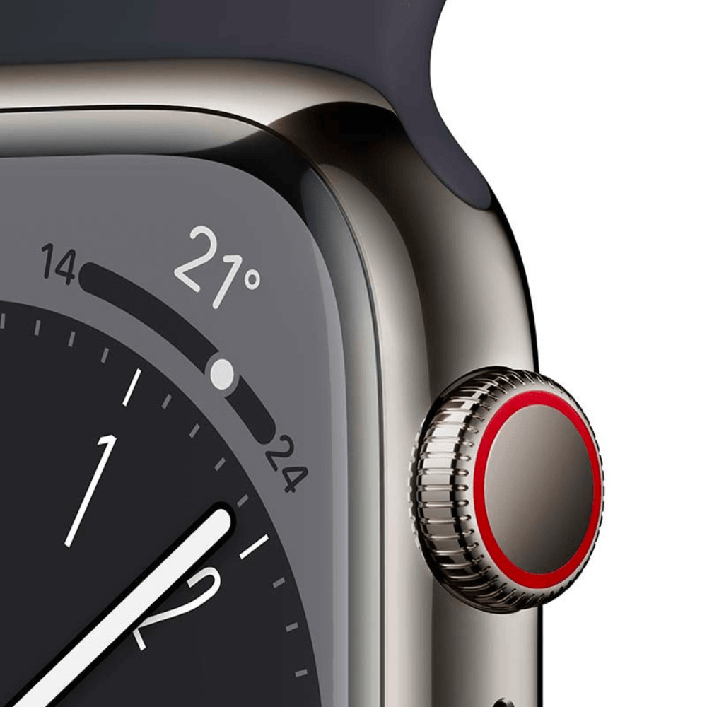 Apple Watch Series 8 (GPS+Cellular, 45mm) - Aço inoxidável Grafite com bracelete desportiva Meia-Noite